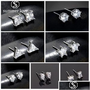 Stud 925 Sterling Sier Cubic Zirconia oorbellen voor meisjesstudent Hart Ronde vierkant ster Waterdrop Vorm een ​​week 7 stijlen van kleine dro dhdwy