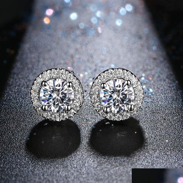 Stud 925 Sterling Sier Boucles D'oreilles Classique Halo Rond Brillant Coupe 0.5Ct 1Ct Moissanite Diamant Pour Les Femmes Drop Delivery Jewelry Dhppt