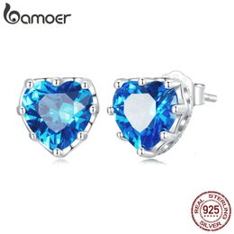 Boucles d'oreilles en argent sterling 925 avec coeur bleu pour femmes, bijoux fins, pierre bleue brillante, clous d'oreille d'amour, cadeau de luxe de mariage 231115