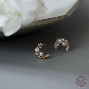 Stud 925 Pendientes de luna bohemia de plata esterlina Mujeres 14k Chapado en oro Perla con incrustaciones Joyería de boda clásica Regalo del día de la madre 230801