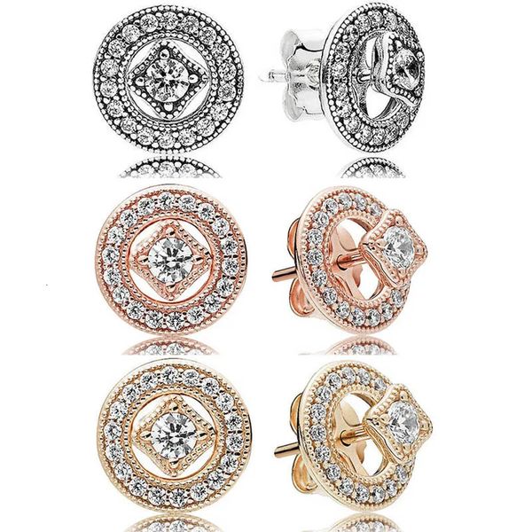 Stud Pendiente de plata esterlina 925 Forever Circle Rose Gold Vintage Allure Studs Dos en uno Pendiente para mujer Regalo Joyería de moda 231018