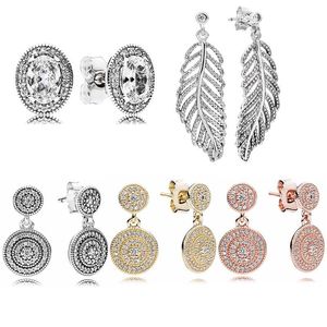 Stud 925 pendiente de plata esterlina rosa brillo dorado elegancia radiante declaración plumas para mujeres DIY regalo joyería de moda