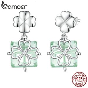 Boucles d'oreilles en argent sterling 925 avec trèfle à quatre feuilles Boucles d'oreilles en verre transparent carré vert clair pour femmes Cadeau BSE745 230620