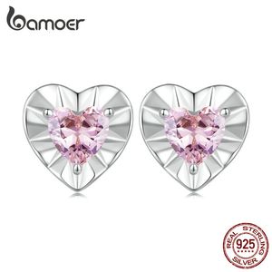 Stud 925 Sterling Silver Shiny Heart Shape Boucles d'oreilles Rose Zircon pour les femmes Saint Valentin Cadeau Fine Jewelry 230804