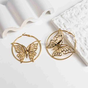 Stud AENSOA Metálico Frech Estilo Mariposa Gran Aro Pendiente Mariposa Coreana Oro Plata Color Círculo Pendiente para Mujeres Joyería Del Partido J230529