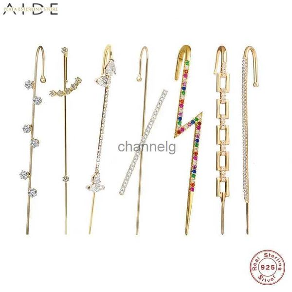 Stud Aide 925 Pendientes de plata de circón para mujer Clip de escalador de hueso de oreja Diagonal Piercing Cadena Pin Envoltura de oreja Pendiente de gancho sobre orugas YQ231125