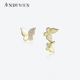 Stud ANDYWEN 925 Sterling Silver Gold Butterfly Zircon CZ Boucle D'oreille Piercing CZ Pendiente Big Large Femmes Cadeau De Mariage En Gros 230620