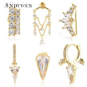 Stud andywen 925 Sterling zilvergouden ketting zirkoon drop oorringlijn kristal cz luxe clips fijne sieraden bruiloft cadeau 230325