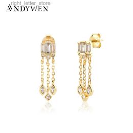 Stud ANDYWEN 925 Sterling Silver Oro Trasparente Zircone Catena Stud Donne Piercing Pendiente Clip Goccia Gioielleria Raffinata YQ231211