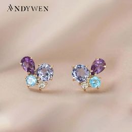 Stud Andywen 925 Sterling Silver Gold Luxury Zirkon Purple Blue Earring Piercing Women Wedding Sieraden voor juwelen 230325