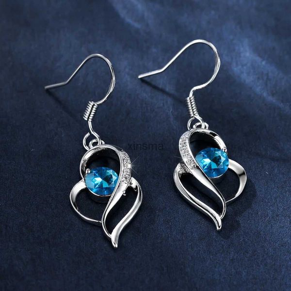 Stud Aqua Bleu Cristal Amour Coeur Boucles D'oreilles Rose Zircon Rond Pierre Goutte Boucle D'oreille Pour Les Femmes Simple Mode Argent Couleur Bijoux De Mariage YQ240129