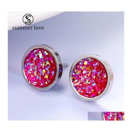 Stud Aankomst 12 mm Handmade Round Crystal Druzy Earring For Women Men Sier Color Titanium Steel Fashion Sieraden Geschenkdruppel Delivering Ear DH70M