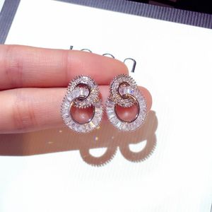 Stud Arrive Double Circle Shine Zircon Pendiente para mujer Romántico AAA Bling Drop Ear Ring Jewelry Brincos 230807