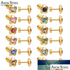 Stud Asonsteel 12Pairs / Lot Or / Sier Couleur Colorf Cubique Zircone Fleur Vis Boucle D'oreille En Acier Inoxydable Bébé En Gros Usine Dhgarden Dhutr