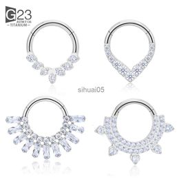 Stud ASTM F136 Titanium OOR PIERC Waaiervormig en zijkant CZ Ring Hoop Neusringen Scharnierende Clicker Oorbel Labret Tragus Body Piercing YQ231026