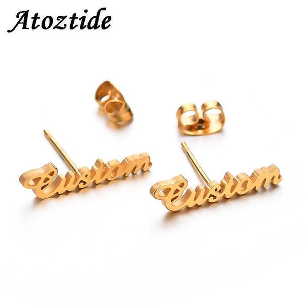 Stud Atoztide Personnalisé Nom En Acier Inoxydable Lettre Boucles D'oreilles Pour Les Femmes De La Mode Personnalisé Nom Piercing Boucles D'oreilles Plaque Signalétique J230717