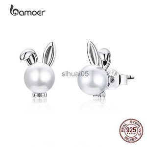 Stud BAMOER 925 sterling zilver Schattige konijntje oorbellen voor dames Bruiloft verloving Oorschelp parel Hypoallergeen Brincos BSE463 YQ231026