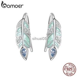 Stud Bamoer 925 sterling silver orecchini di piume verdi abbagliante blu zircone pendente gancio per l'orecchio per le donne regalo del partito gioielleria raffinata YQ231026