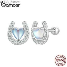 Orecchini a bottone Bamoer in argento sterling 925 con tappi per le orecchie rotondi a ferro di cavallo Cuore con pietra di luna con tappi per le orecchie rotondi per le donne di moda Gioielleria raffinata YQ231107