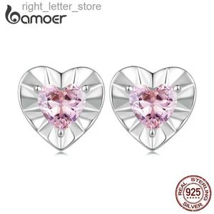 Stud Bamoer 925 boucles d'oreilles en argent Sterling brillant en forme de coeur boucles d'oreilles en Zircon rose pour les femmes cadeau de saint valentin bijoux fins YQ231211