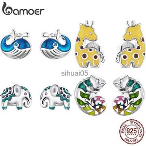 Stud BAMOER Lindo Animal Ear Studs 925 Plata Esterlina Ballena Azul Mini Elefante Pendientes Jirafa Camaleón Joyería YQ231026