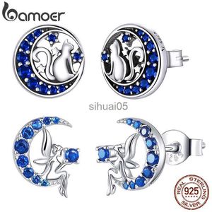 Stud Bamoer Echt 925 Sterling Zilver Blauwe Zirkoon Halve Maan Oorbellen Kat op de Fee Oorspelden voor Vrouwen SCE880 YQ231026