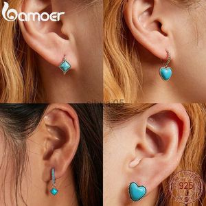 Stud BAMOER Argent Turquoise Boucles d'oreilles pour femmes 925 Sterling Coeur Boucle d'oreille Motif carré Cerceau Cadeau Bijoux YQ231026