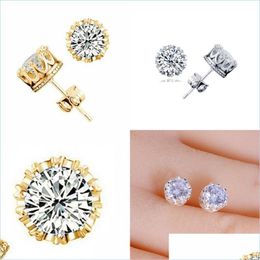 Stud Band New Gold Crown Men Stud Earring 925 Sterling Sier CZ Simated Diamonds Betrokkenheid Beautif Women Wedding Crystal Ear 54 M2 Dr Dhik9