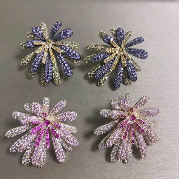 Stud Bilincolor Fashion Cubic Zirconia Yellow And Purple Sparkle Big Flower Earring For WomenStud