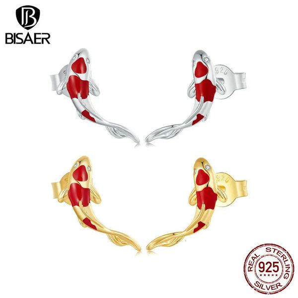 Stud BISAER 100% 925 argent rouge Koi chance Courage boucles d'oreilles poisson plaqué or pour femme chanceuse fête bijoux fins ECE812 231115