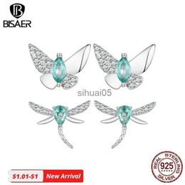 Stud BISAER 925 plata esterlina verde circón mariposa pendientes libélula oreja clip plateado platino para mujer fiesta joyería fina YQ231026