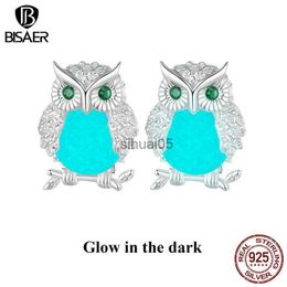 Pendientes BISAER de plata de ley 925 con diseño de búho nocturno luminoso, Clip de oreja de animal lindo para mujer, joyería fina chapada en platino original YQ231026