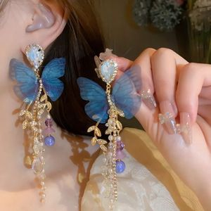Stud Blue Butterfly Drop Boucle d'oreille pour femmes Imitation Perle Cristal Longue Chaîne Gland Fête De Mariage Bijoux Cadeaux 231117