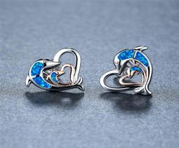 Stud Blue Opal Love Heart Boucles d'oreilles de mariage mignon Animal Double Dolphin classique Rose Gold Silver Couleur pour femmes2918408