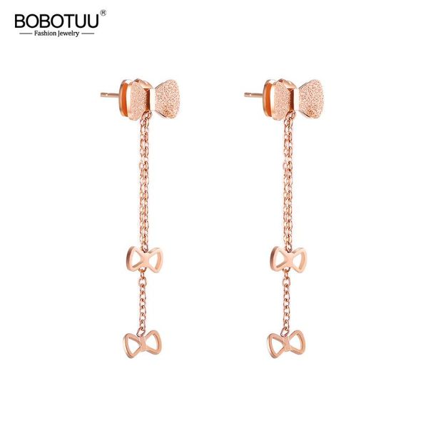 Stud BOBOTUU Scrub Pendientes largos de borla de acero de titanio para niñas Color oro rosa Arco de moda Sra. Boucles D'oreilles BOGE523