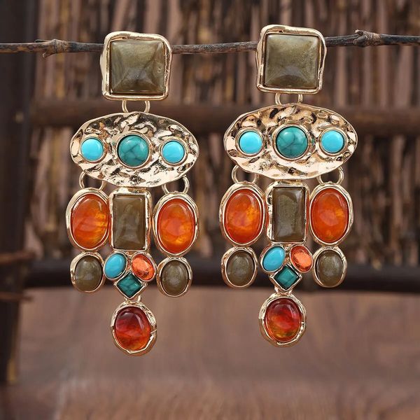 Pendientes colgantes retro étnicos bohemios, borlas grandes exageradas, piedra natural para mujer, joyería, pendiente de Color dorado y cobre 231114