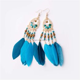 Stud Boheemian Fashion Jewelry Vintage Feather oorbellen Handgemaakte kralen Dange Tassel Drop Delivery DHTPV