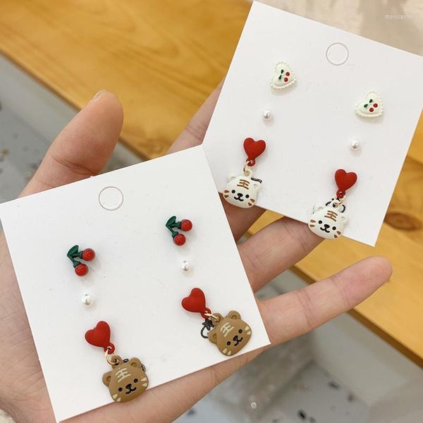 Stud marrón blanco dibujos animados corazón pendientes para mujeres niñas Tigre Animal cereza imitación perla aleación accesorios GiftStud Moni22