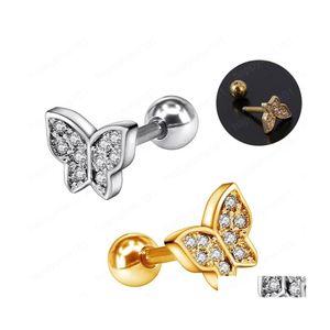 Stud Butterfly Cartílago Studs Cubic Zirconia Helix Tragus Conch Tornillo Volver Pendiente de acero inoxidable Piercing Joyería Mujeres Drop Deli Dhtkr