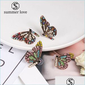 Stud Butterfly Wing Stud Pendiente para mujeres Elegante Colorf Crystal Ear Nail Temperamento simple Chapado en oro Joyería Regalo Gota Lulubaby Dhyhi