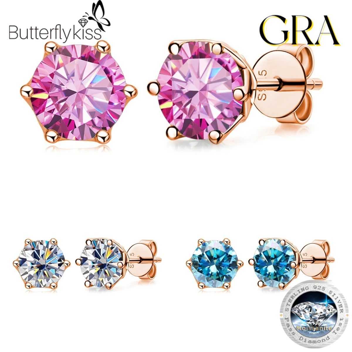 stud butterflykiss 5/6.5mm نساء زوجين موسونيت أقراط S925 Sterling Silver Rose Gold Plated Arrings Jewelry Gifts Q240402