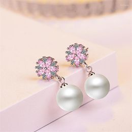 Stud Charm 925 Sterling Silve -oorbellen voor vrouwen prachtige kersenbloesems oorrang luxe roze CZ Crystal Pearl JewelryStud Moni22