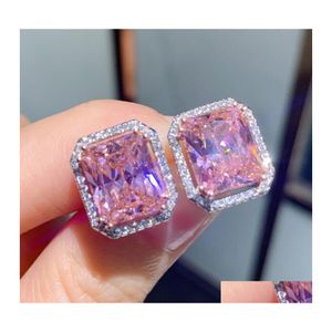 Stud Choucong Top Sell Earring Luxe sieraden 925 Sterling Sier Princess Cut Pink Topaz CZ Diamond Gemstones Eternity Women Wedding Dhfyl