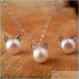 Stud Creative Simple Craft Cute Animal 925 Sterling Sier Sieraden Kleine kat Hollow Pierced Pearl Vrouwelijke oorbellen SE64 463 B3 Drop Deli DHE9H