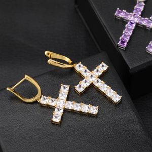 Boucles d'oreilles Stud Cross pour hommes femmes Dangle Drop Hoop CZ Glacé Diamant 18K Plaqué Or Croix Designer Boucles D'oreilles Hip Hop Jewelry303s