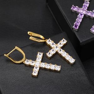 Boucles d'oreilles Stud Cross pour hommes femmes Dangle Drop Hoop CZ Glacé Diamant 18K Plaqué Or Croix Designer Boucles D'oreilles Hip Hop Jewelry293s