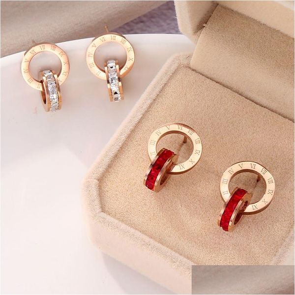 Stud Crystal Diamond Stud Boucles d'oreilles Or Rose Mode Titane Acier Double Plaie Chiffres Romains Goujons Boucle D'oreille Pour Femmes Cadeau Bijoux N Dhjej