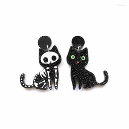Pendientes acrílicos asimétricos con diseño de gato negro y esqueleto con purpurina de animales para mujer, joyería de moda con gatito encantador, Kirs22326z
