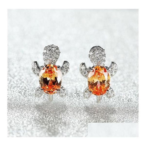 Stud Cute Design White Gold Plated Gemstone Earring Copper Turtle Animal Pendientes para mujer Regalo 16 colores Drop Delivery Jewelry Dhqhj