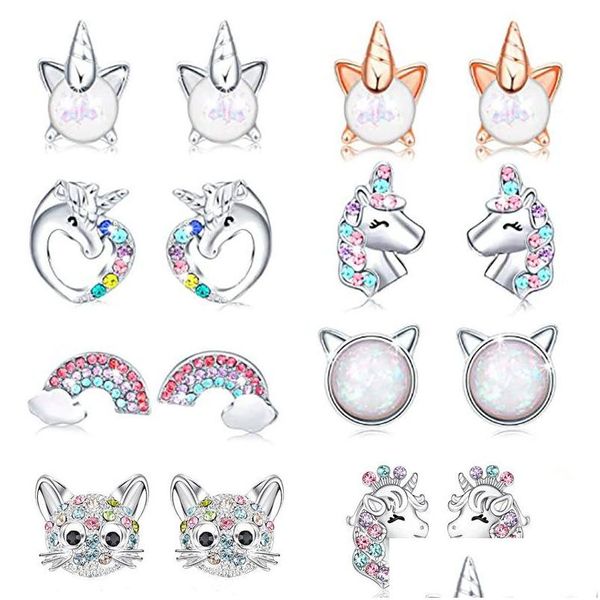 Stud Cute Unicorn Pendientes Para Niña Niños Crystal Cat Butterfly Rainbow Heart Star Pendiente Regalo de Navidad Joyería Drop Delivery Dhbjz